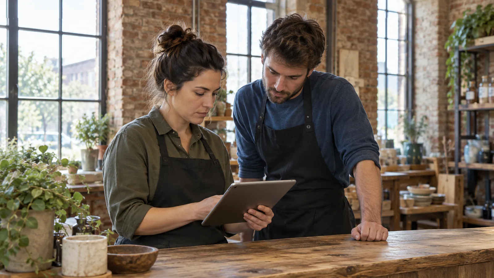 A woman behind a shop counter going over an order list on a tablet with a male employee