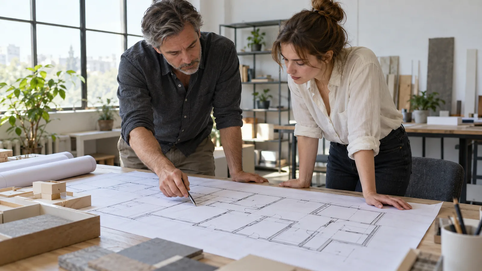 An architect and a younger colleague studying a large printed floor plan spread across a studio worktable