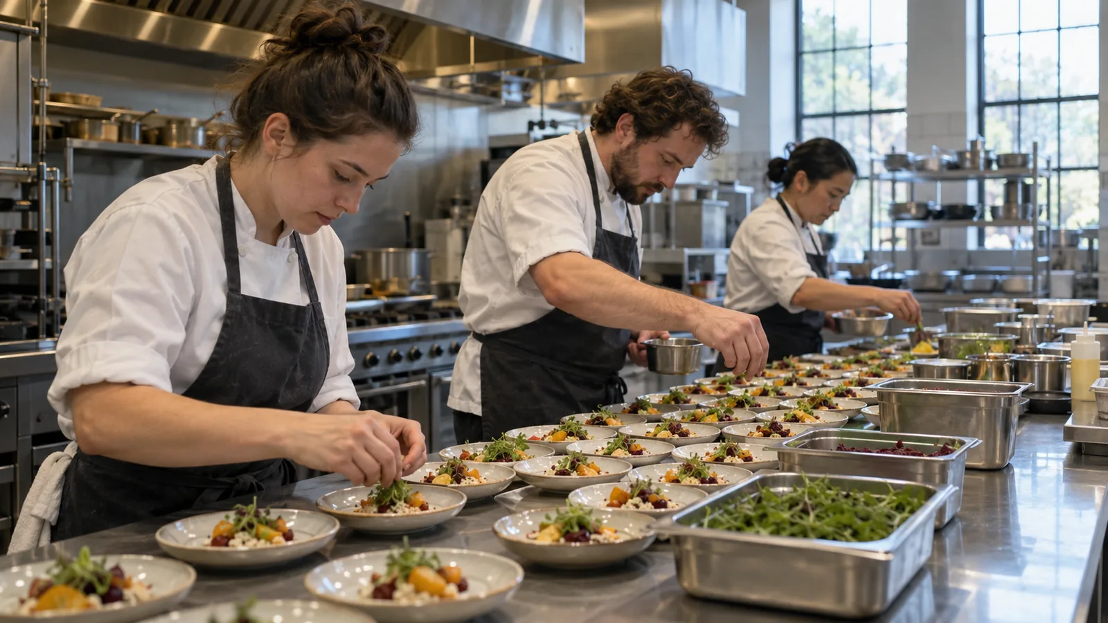 Kitchen staff in aprons plating dozens of small dishes on a long steel prep counter in a commercial kitchen