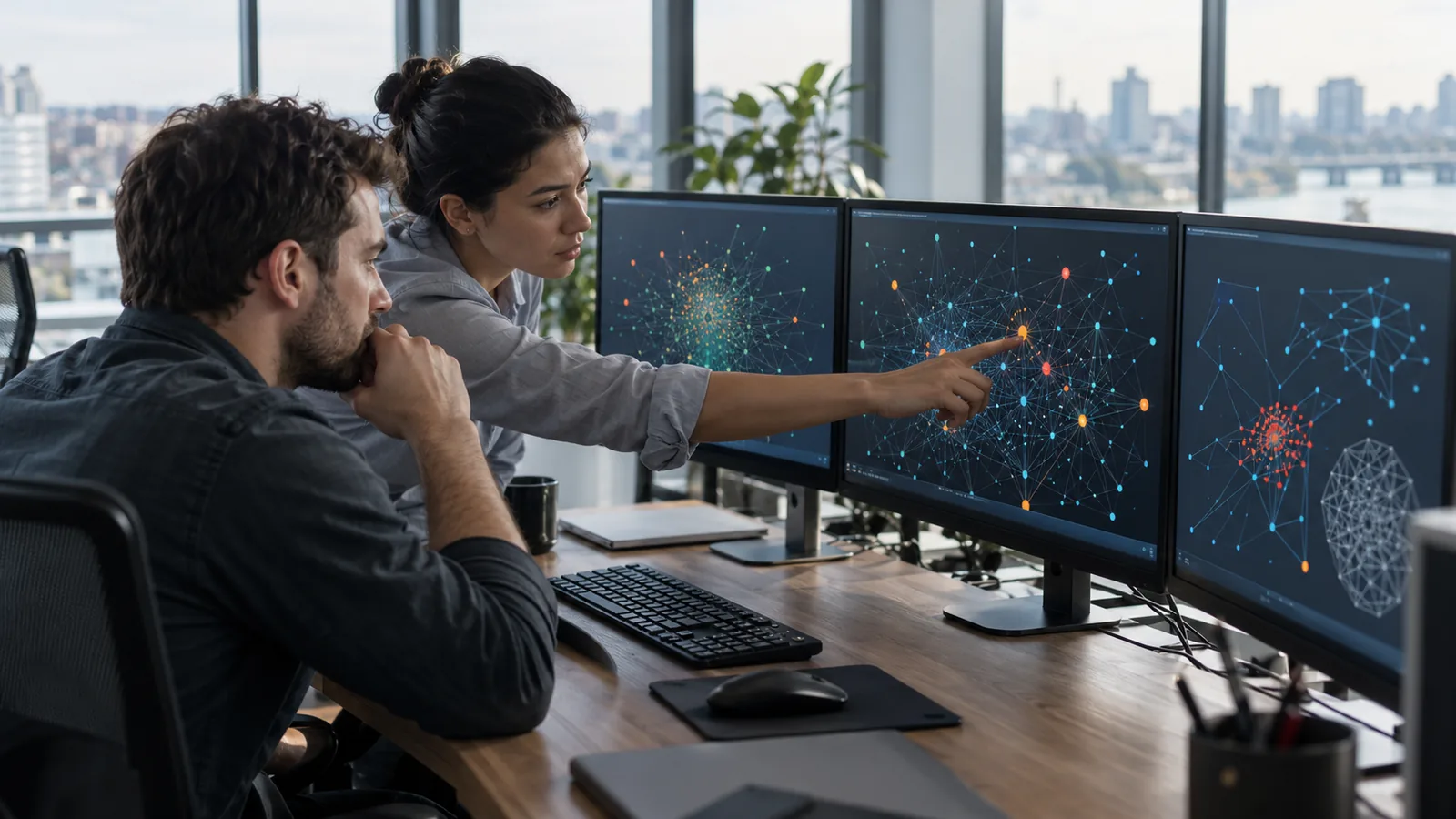 Two security analysts at a desk with several monitors showing network charts, one pointing at a screen