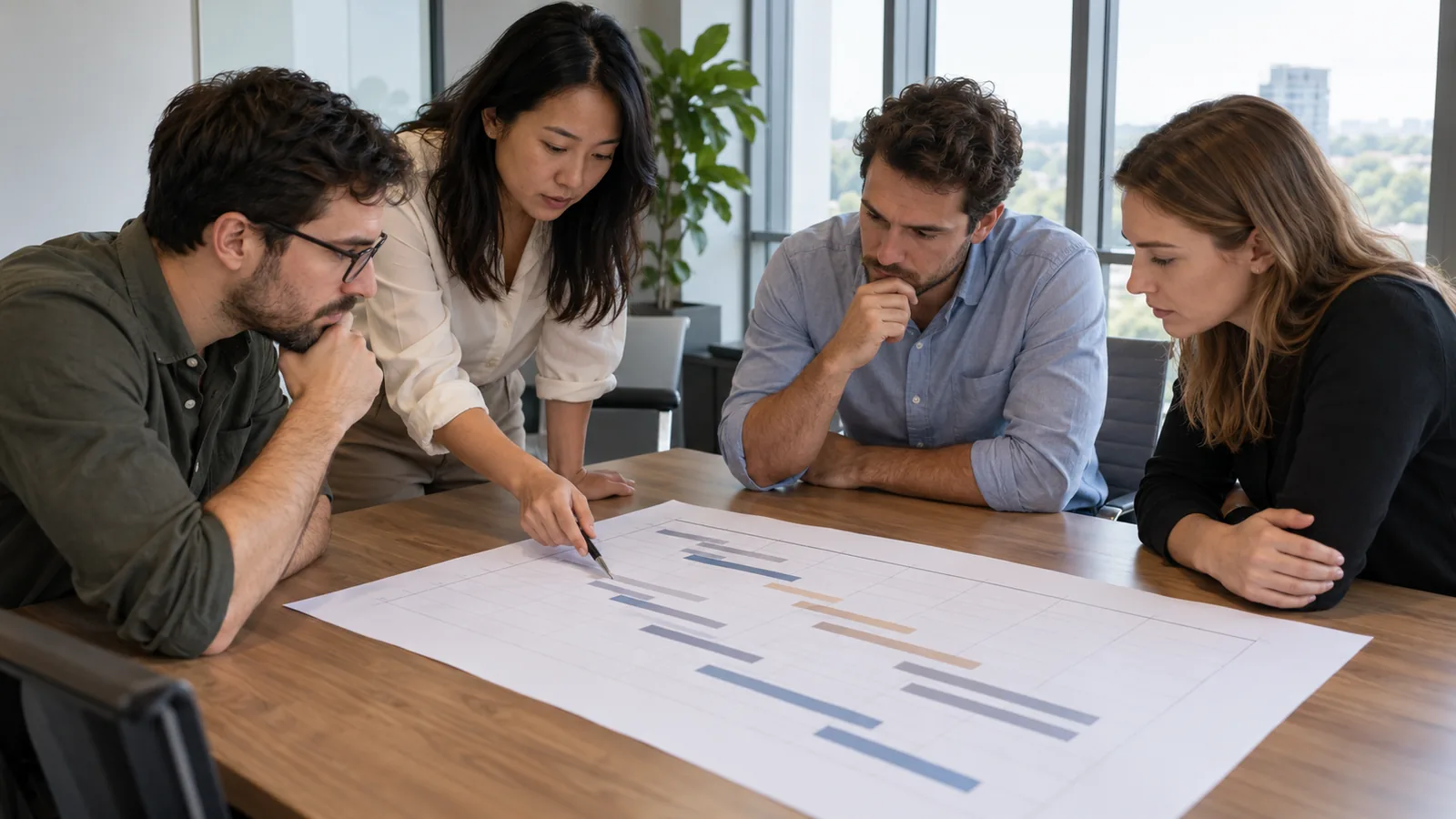 A small team of analysts reviewing a printed project schedule at a conference table in a plain office