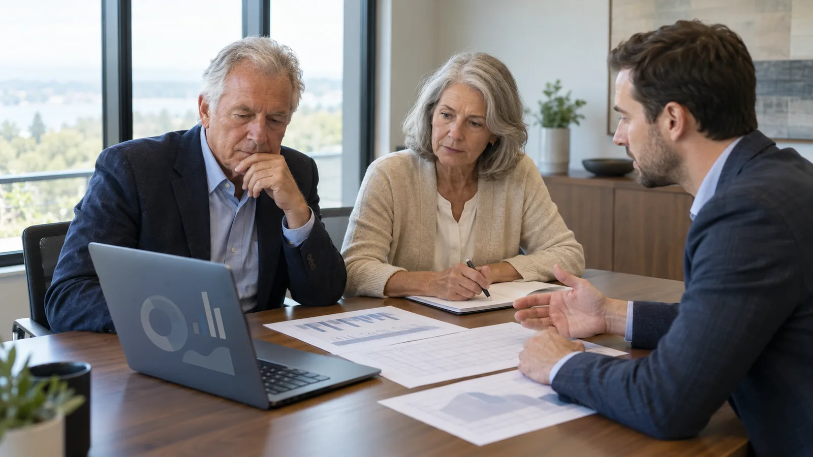 Two business owners in their sixties talking with a younger buyer across a table in a small office conference room, a laptop and printed spreadsheets between them